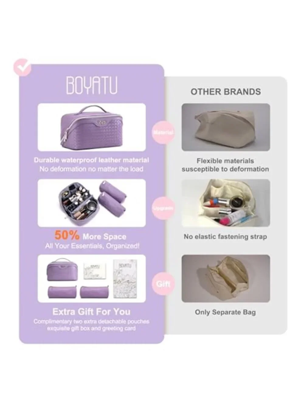 Large Capacity Travel Makeup Bag 3 Piece Set Cosmetic Toiletry Organizer Purple